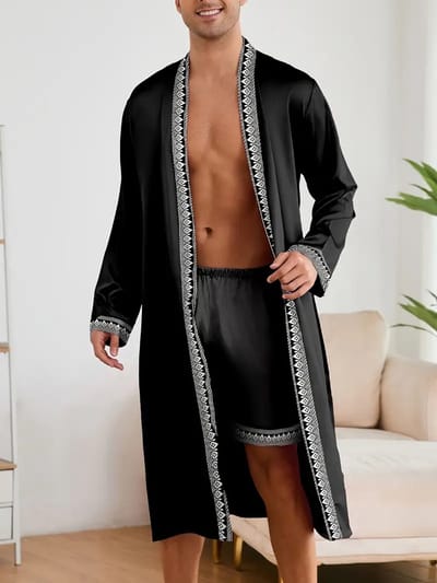 ochtendjas badjas zwart pyjama satijn heren nachtkleding goedkoop huispak comfort mannen glans elastisch lange mouwen korte broek