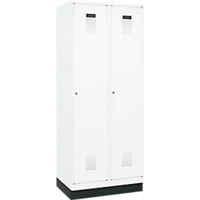 C+P Evolo Plus garderobekast, 2 vakken, 400 mm vakbreedte, met plint, rechts scharnierend, B 800 x D 500 x H 1950 mm, cilinder, verkeerswit/verkeerswit