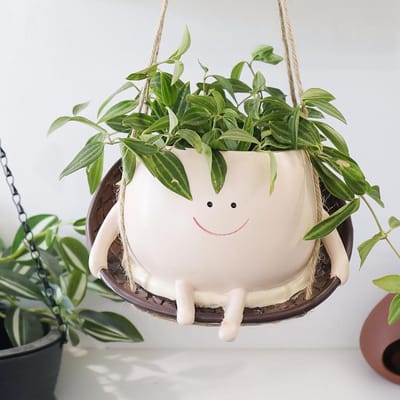 QTTVBTNA – Hangende Bloempot met Vrolijk Gezicht – Hars Plantenpot met Schommel – Decoratieve Bloempot met Afwateringsgat – Voor Kamerplanten, Vetplanten, Balkon, Terras, Tuin en Woonkamer – 1 Stuk