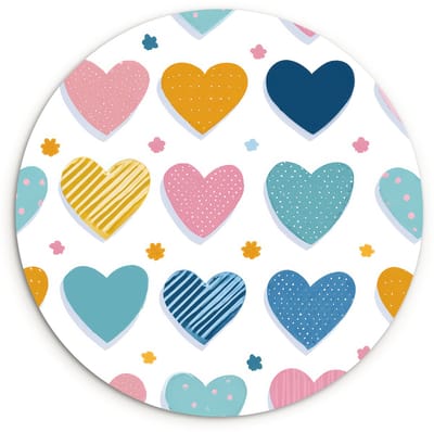 WallCircle® Wandcirkel 120x120 cm - Muurcirkel Hartjes - Pastel - Kleurcontrast - Handgetekend - Muurdecoratie woonkamer - Wanddecoratie slaapkamer - Kamer decoratie accessoires - Ronde schilderijen XXL