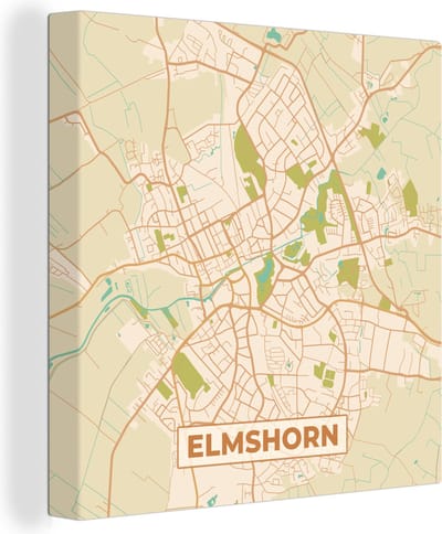 Canvas Schilderij Kaart - Elmshorn - Stadskaart - Plattegrond - Vintage - 20x20 cm - Wanddecoratie