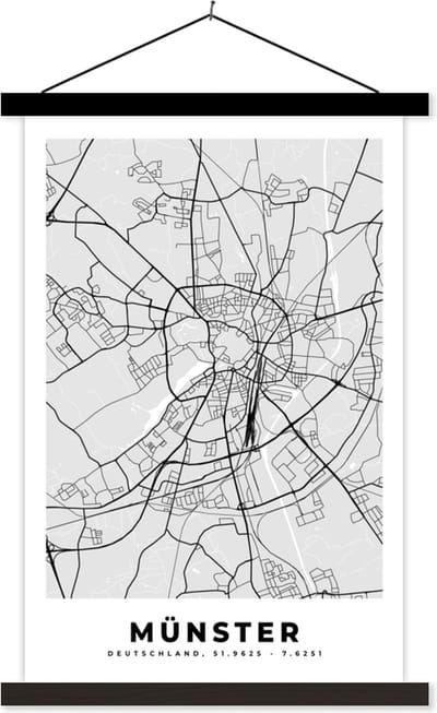 Posterhanger incl. Poster 40x60 cm - Schoolplaat - Plattegrond - Duitsland - Münster - Kaart - Stadskaart - Textielposter - Zwarte latten - Stadskaart