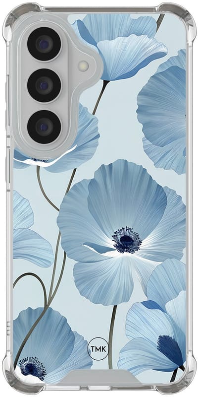 Shockproof hoesje geschikt voor Samsung Galaxy S26 - Blauw bloemenveld - Schokbestendig - Verhoogde randen - TPU case - Extra Sterke Back Cover - Bloemen - Transparant, Blauw