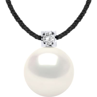 Diamond Necklace Natural 0.030 Cts en Freshwater Pearl Ronde 8-9 mm Link Nylon Black 925