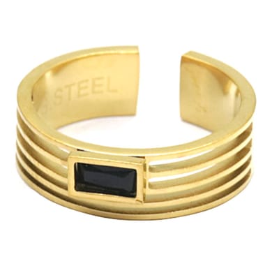 Ring met Lijnen - Zirkonia - RVS - One Size - Goudkleurig en Zwart