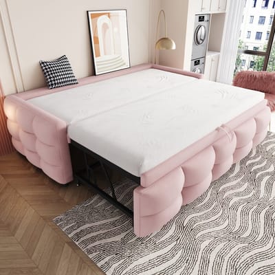 Sweiko Gestoffeerd bed - 90/180 × 190 cm - Uitschuifbare slaapbank - Teddy stof - Roze