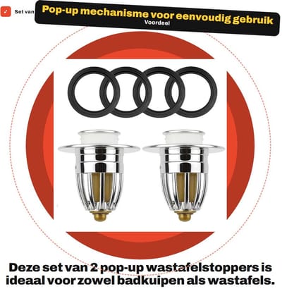 Dailygoods- Wastafelstop set van 2 - Pop-up afvoerstop - Roestvrij staal - Waterdicht - Hygiënisch drukmechanisme - Universele pasvorm