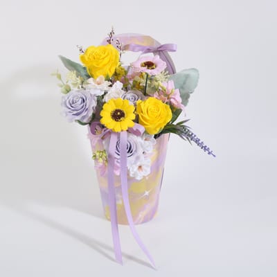 Kunstbloemen Cadeauboeket – Blauwe, Witte Rozen en Zonnebloemen LA ROSELLE AMSTERDAM