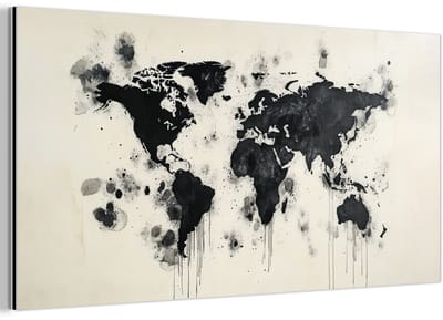 Aluminium schilderij 120x60 cm - Wanddecoratie metaal - Wereldkaart - Zwart - Inkt - Metalen muurdecoratie woonkamer - Decoratie industrieel - Foto op dibond - Industriële accessoires slaapkamer