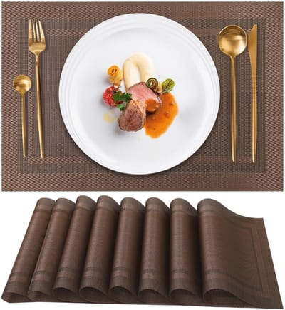 SnelShoppen - Set van 8 afwasbare PVC placemats, hittebestendig, antislip, donkerbruin, 45 x 30 cm, voor keuken, restaurant, eettafel, feest, camping