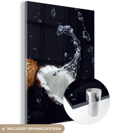 MuchoWow® Glasschilderij 120x160 cm - Schilderij acrylglas - Kokosnoot - Stilleven - Water - Zwart - Fruit - Foto op glas - Schilderijen