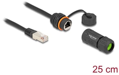 Delock Cable RJ45 plug to RJ45 jack Cat.6A for built-in with M20 thread and housing IP68 dust and waterproof 25 cm black