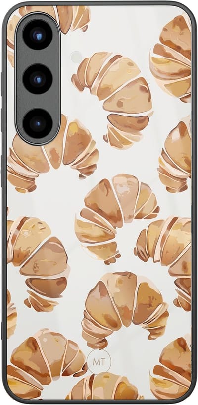 Hoesje geschikt voor Samsung Galaxy S25 - Croissant - Hard Case Zwart Back Cover - Print - Beige - Mooie Telefoonhoesjes