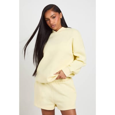 boohoo Dames Trainingsset Met Sweatshirt En Korte Broek Met Halsdetail | Lemon | Maat: XS