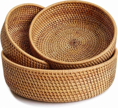 Natuurlijke rotan broodmanden, ronde fruitmandschalen, handgeweven opbergmanden, rieten organizer voor eetkamer (set van 3)