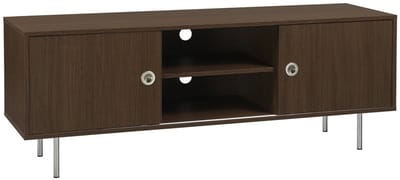 sweeek - Vintage tv-meubel met 2 schuifdeuren en planken van houtdecor en roestvrij staal 140 cm - shelby