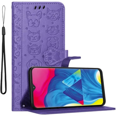 Cadorabo Hoesje geschikt voor Samsung Galaxy A10 / M10 in SHINY PAARS - Beschermhoes honden en katten met standfunctie en kaartsleuven Book Case Cover Etui