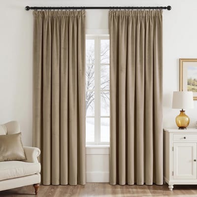 Fluwelen gordijnen met plooiband | H-beige verduisteringsgordijnen set van 2 | 225 x 140 cm