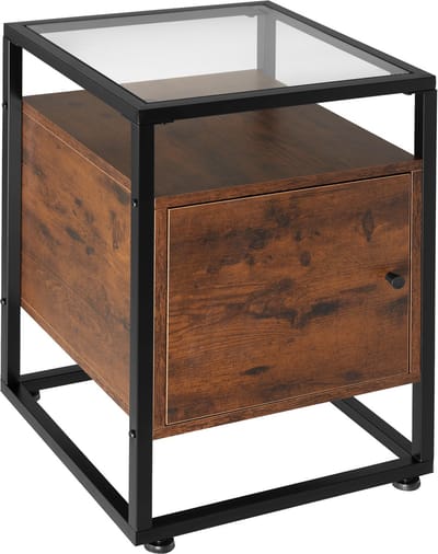 tectake® Bijzettafel met kast en 2 niveaus - Met glazen blad - Nachtkastje met magnetische deuren en plank - Industrieel design - Voor woonkamer, slaapkamer, kantoor, hal - Zwart metalen frame - Afmeting (LxBxH) 40 x 43 x 60,5 cm - Donkerbruin