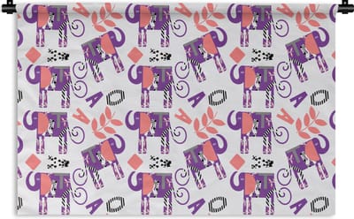 Wandkleed - Wanddoek - Olifanten - Bladeren - Paars - Patroon - 180x120 cm - Wandtapijt