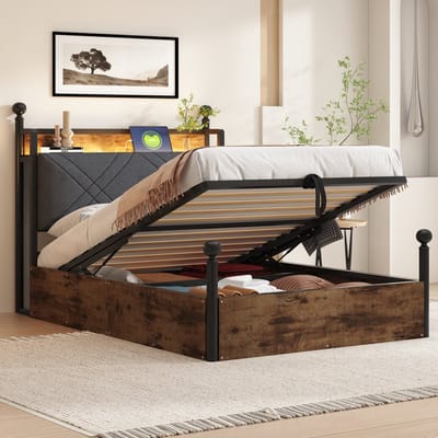 REDOM opbergbed 90x190 cm – Metaal zwart met houtlook panelen – Hydraulisch liftsysteem – Afneembaar hemelbed-frame – LED (app/spraak/timer) – Stopcontact + USB + Type-C – Gestoffeerd schuimgevuld hoofdbord – 120 kg