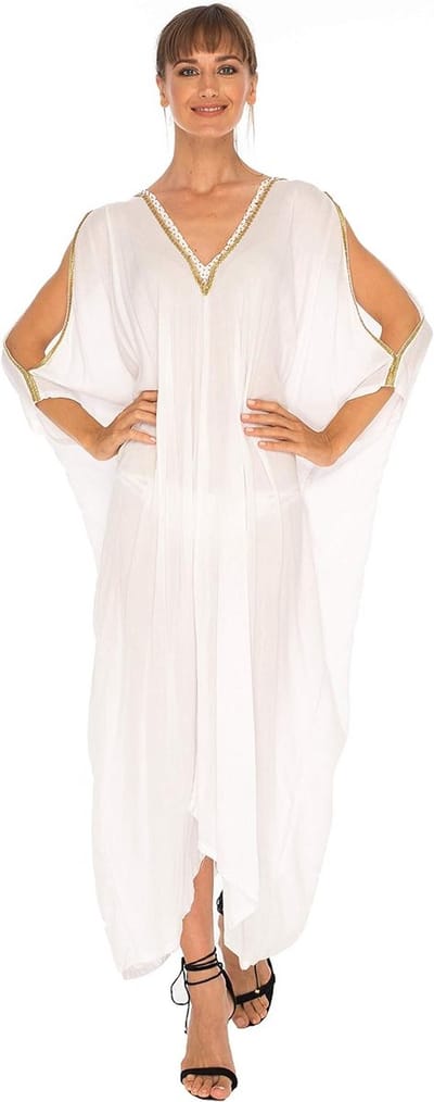 Lange Kaftan Koude Schouder Maxi Jurk voor Dames met V-hals en Gouden Kralen