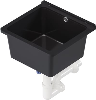 QLS Gootsteen Zwart 40x38x22 cm van Kunststof - Inclusief Sifonset - voor Kelder, Tuin en Garage 10841
