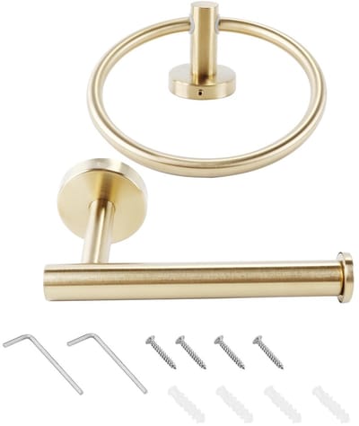 Dailygoods- Badkamerset 2-delig - Handdoekring/Toiletrolhouder - Roestvrij Staal - Corrosiebestendig - Gouden Afwerking - Geschikt voor Vochtige Omgevingen - Badkameraccessoires