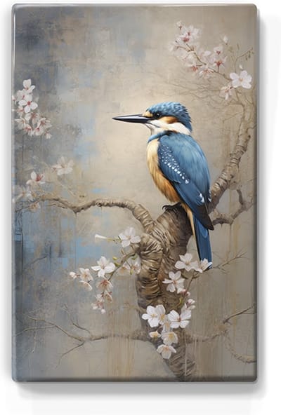 Ijsvogel op Bloesemtak - Laqueprint - 19,5 x 30 cm - Niet van echt te onderscheiden handgelakt schilderijtje op hout - Mooier dan een print op canvas. - LP328