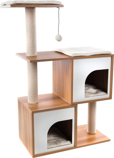 Krabpaal – Flamingo Dana Beige & Ecru & Naturel & Wit – 74x35x107 cm – luxe krabpaal met ligplateaus, schuilplaatsen & speeltje – kattenboom met afneembare kussens – antislip rubber voetjes