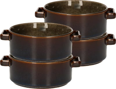 Cosy & Trendy Kommetjes / soepkommen voor dessert/ontbijt - 4x - Porselein - D13 x 5.5 cm - groen/bruin - met oortjes - stapelbaar