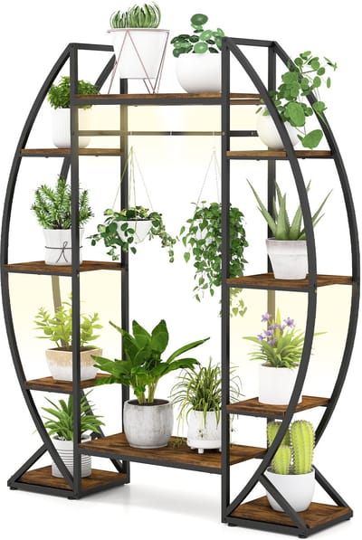 COSTWAY Plantenstandaard met groeilampen, 10 verdiepingen tellend plantenrek, bloemenstandaard voor binnen, bloementrap, metaal, hout, bloemenrek voor binnen, tuin, balkon, 127 x 30 x 160 cm (bruin)