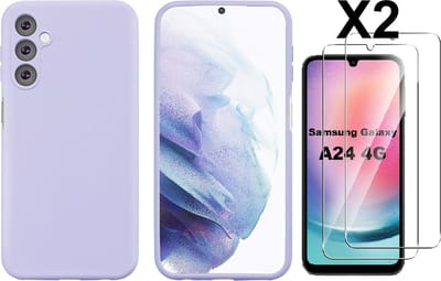 Hoesje Geschikt Voor Samsung Galaxy A24 Hoesje siliconen Lila zacht siliconen hoesje TPU backcover - Met Screenprotector - 2 stuks