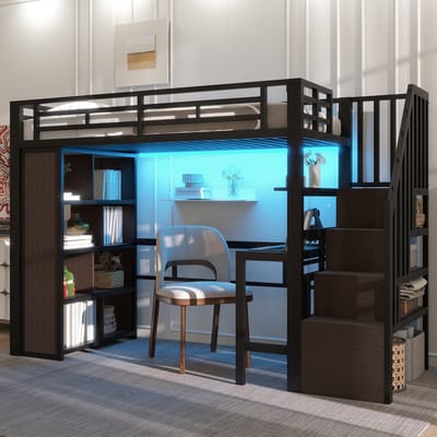 Sweiko Hoogslaper - 90 x 200 cm - Metalen frame - Met bureau - LED-verlichting - Opbergruimte - Zwart