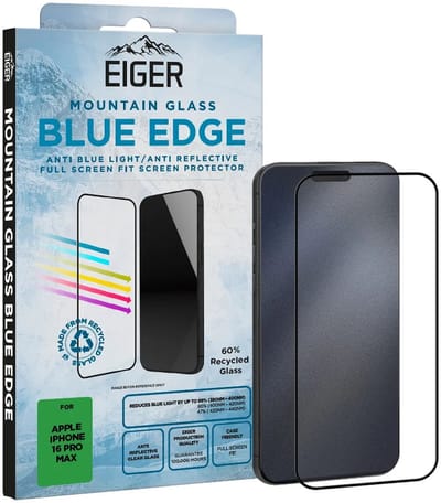 Eiger Mountain Blue Edge Screen Protector Geschikt voor iPhone 16 Pro Max - Anti-Blue Light - 9H Tempered Glass - Case Friendly - Gerecycled Glas - Anti-Reflectie