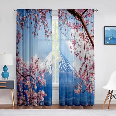 Japanse Berg Fuji Esdoornbladeren Natuurlijk Landschap Tule Transparante Raamgordijnen voor Woonkamer Slaapkamer Decor Tule Voile Gordijn 1 PCS W100XH250cm&Grommet Top