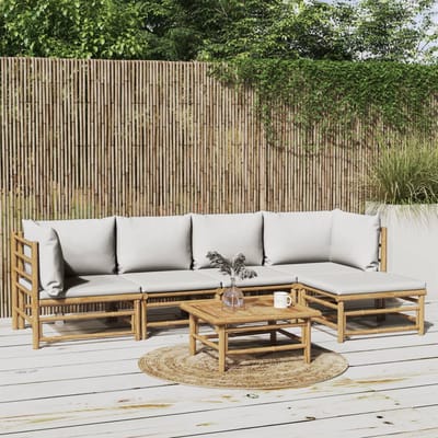vidaXL - 6-delige - Loungeset - met - kussens - bamboe - lichtgrijs