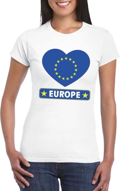 Europa t-shirt - met hartjes vlag print - wit - voor dames - korte mouwen - landen supporters S