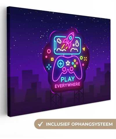 Canvas schilderij 40x30 cm - Wanddecoratie Gaming - Neon - Play - Blauw - Nacht - Controller - Muurdecoratie game room - Gaming kamer decoratie - Gameroom accessoires - Schilderijen - Game Kamer