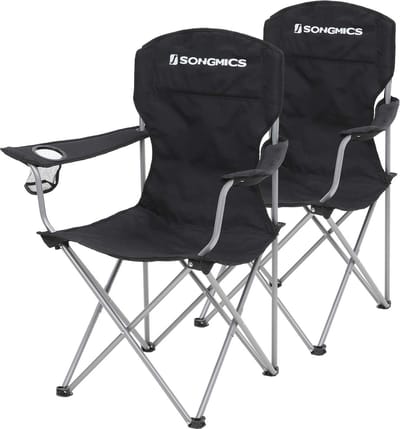 SONGMICS Campingstoel, set van 2, inklapbaar, comfortabel, klapstoel met robuust frame, belastbaar tot 150 kg, met flessenhouder, outdoor stoel, zwart GCB08BK, XL