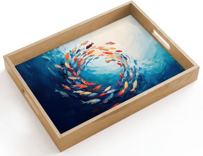Dienblad hout 40x30 cm - Schootdienblad - Zee - Vissen - Kleurrijk - Dynamisch - Borrelplank rechthoek - Plateau dienbladen