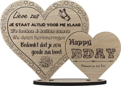 Hartjes zus - houten wenskaart verjaardag - kaart van hout -  verjaardagskaart - gefeliciteerd zusje - gepersonaliseeerd - 17.5 x 25 cm