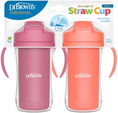 Dr. Brown's Milestones Geïsoleerde Rietjesbeker 300 ml Roze/Koraal – Lekvrije Drinkbeker met Handgrepen, Schuifdeksel & Zacht Siliconen Rietje – BPA-vrij – Vanaf 12 Maanden