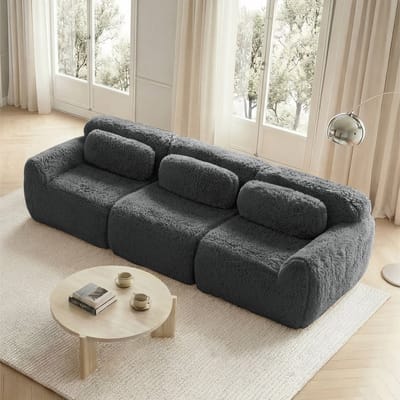 MODENUIT Sofa 3-Zits - Modulair Met Ottomaan Diepe Zitting En Antislip Onderzijde - Voor Woonkamer - Pluche Grijs