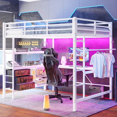 MEUNIQ Hoogslaper 140x200 cm met bureau, LED-verlichting, stopcontact en USB, 3 lades, opbergrekken, ladder en uitvalbeveiliging, wit
