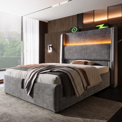Wishdor Hydraulisch eenpersoonsbed 90x200 cm - Hoog hoofdbord, led & USB-C - Inclusief matras - Linnen - Grijs - Jouw moderne eenpersoonssuite met alles erop en eraan