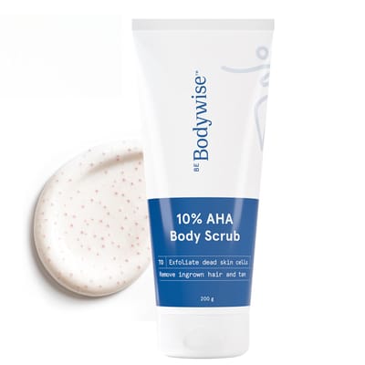 Be Bodywise 10% Melkzuur AHA Exfoliërende Body Scrub 200g | Zonnebrand Verwijdering & Zachte Huid | De-Tan Badscrub met Centella Water & Aloë Vera, Verwijder white
