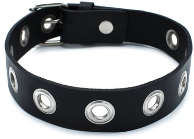 Kiotos - Zwarte Lederen Slanke Collar met Leather Slim Collar with Multi-Metalen Eyelets