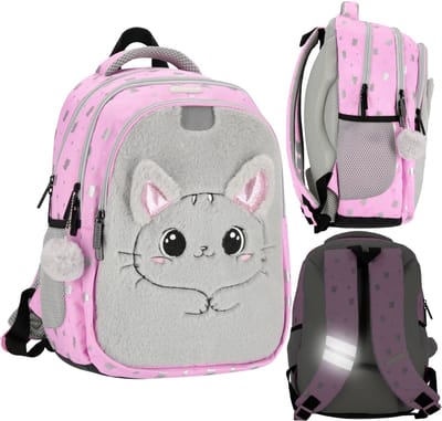 Roze VERSTERKTE rugzak voor schoolmeisjes, met reflectoren DRIE COMPARTIMENTEN katje 40x29x20cm, 23 l