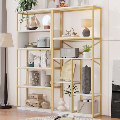DESMIU Boekenkast - Open Opbergkast Met Meerdere Vakken En Stabiel Frame - Voor Woonkamer Slaapkamer En Werkkamer - Metaal En MDF - 160x29,5x180 Cm - Goud Wit